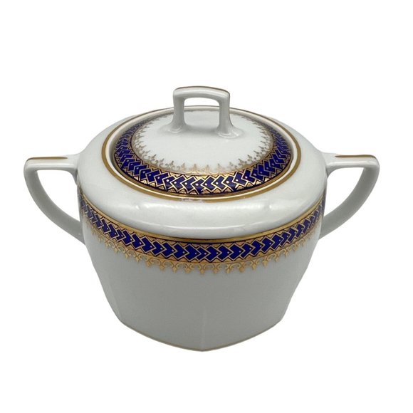 Vintage Sugar Bowl w/ Lid & Creamer Czechoslovakia 175G Blue and Gold Pattern - Picture 7 of 12
